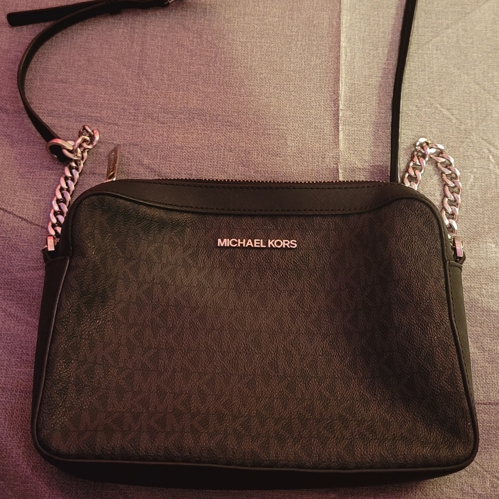 Michael Kors Black Logo Crossbody with Silver Chain Detail